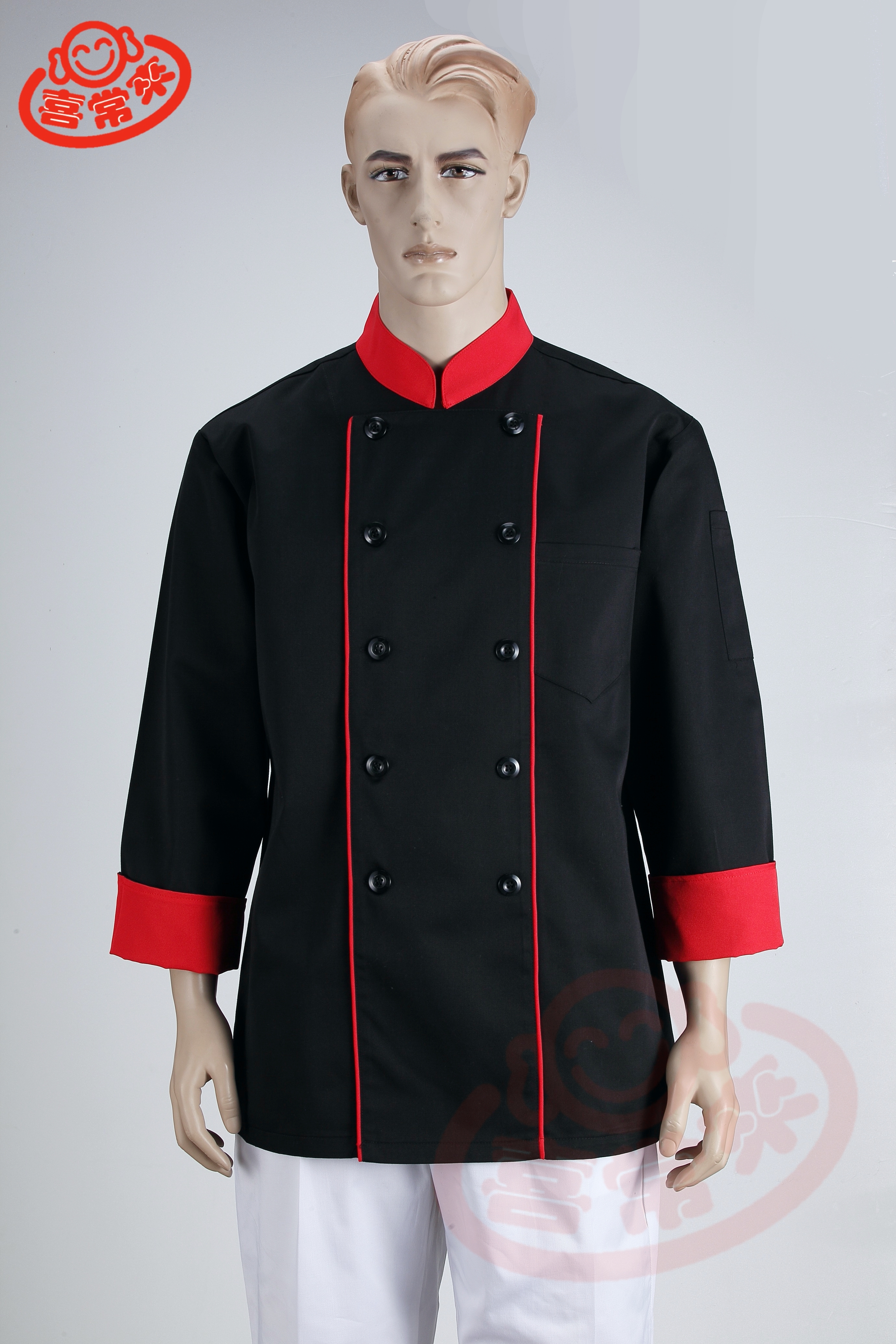 #9798 黑-紅領長紅摺滾紅雙并-雙黑釦 <訂製款>