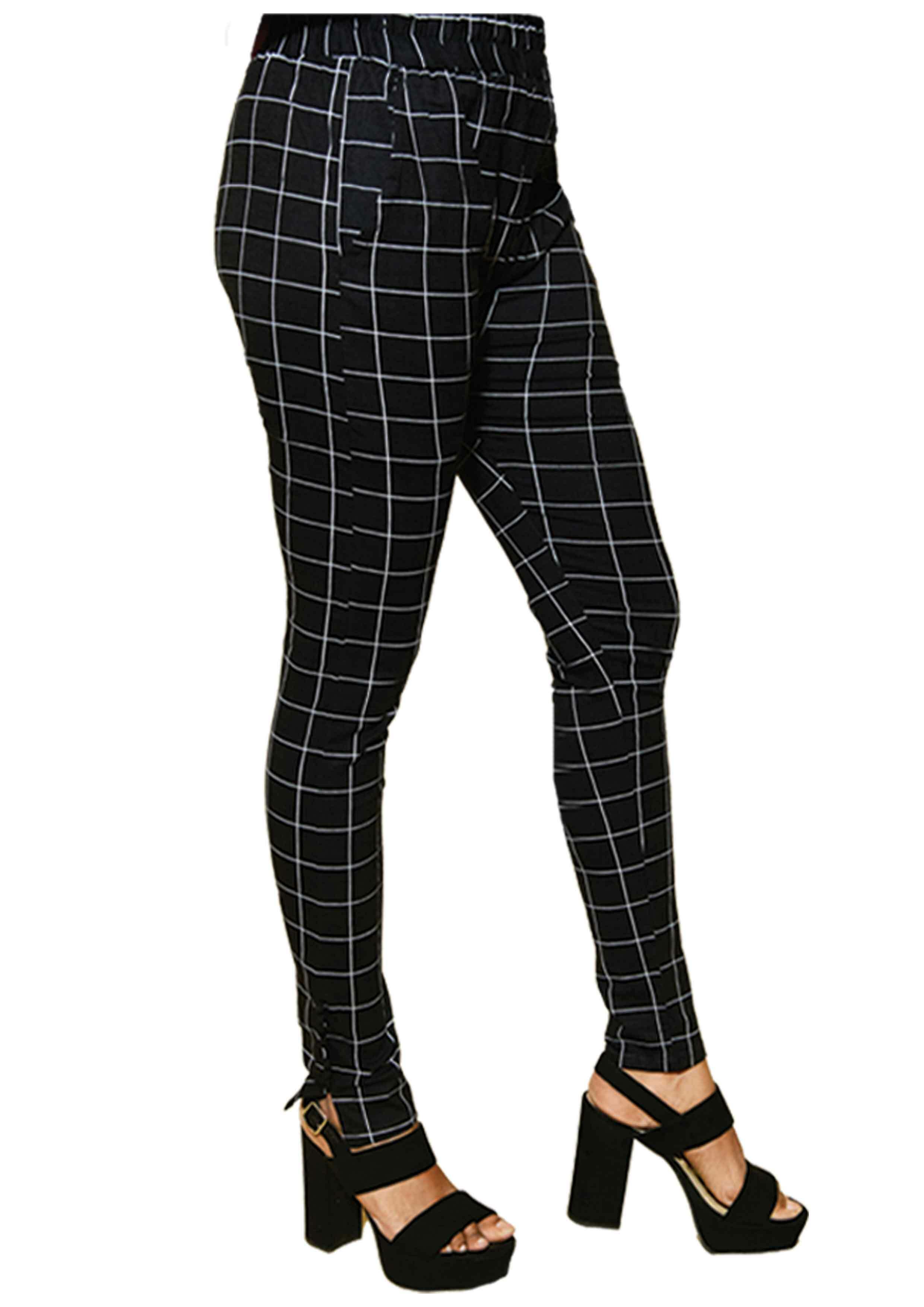 Women Black And White Slim Fit Checkered Pants P7