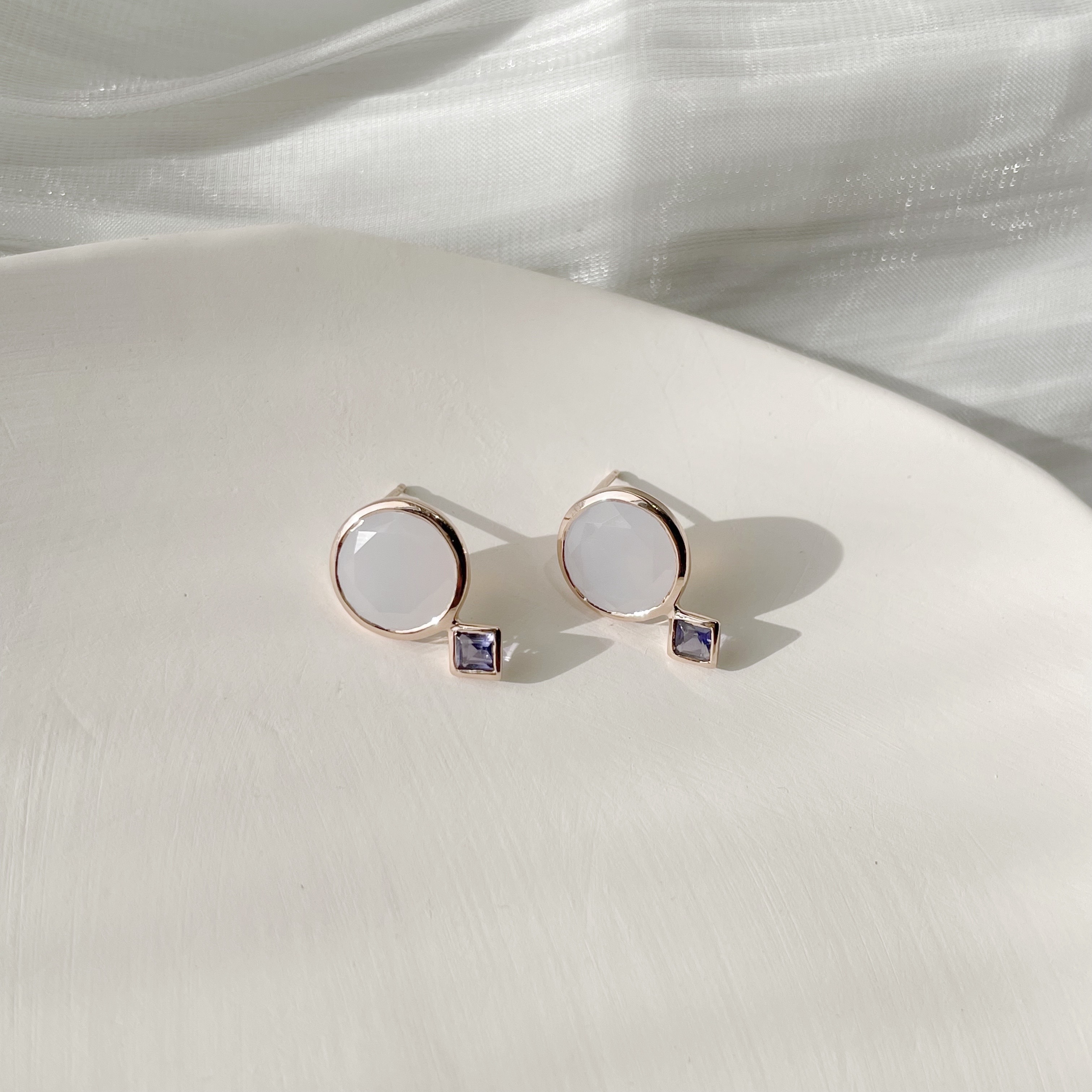 Lego大圓鑽面原色瑪瑙堇青石耳環