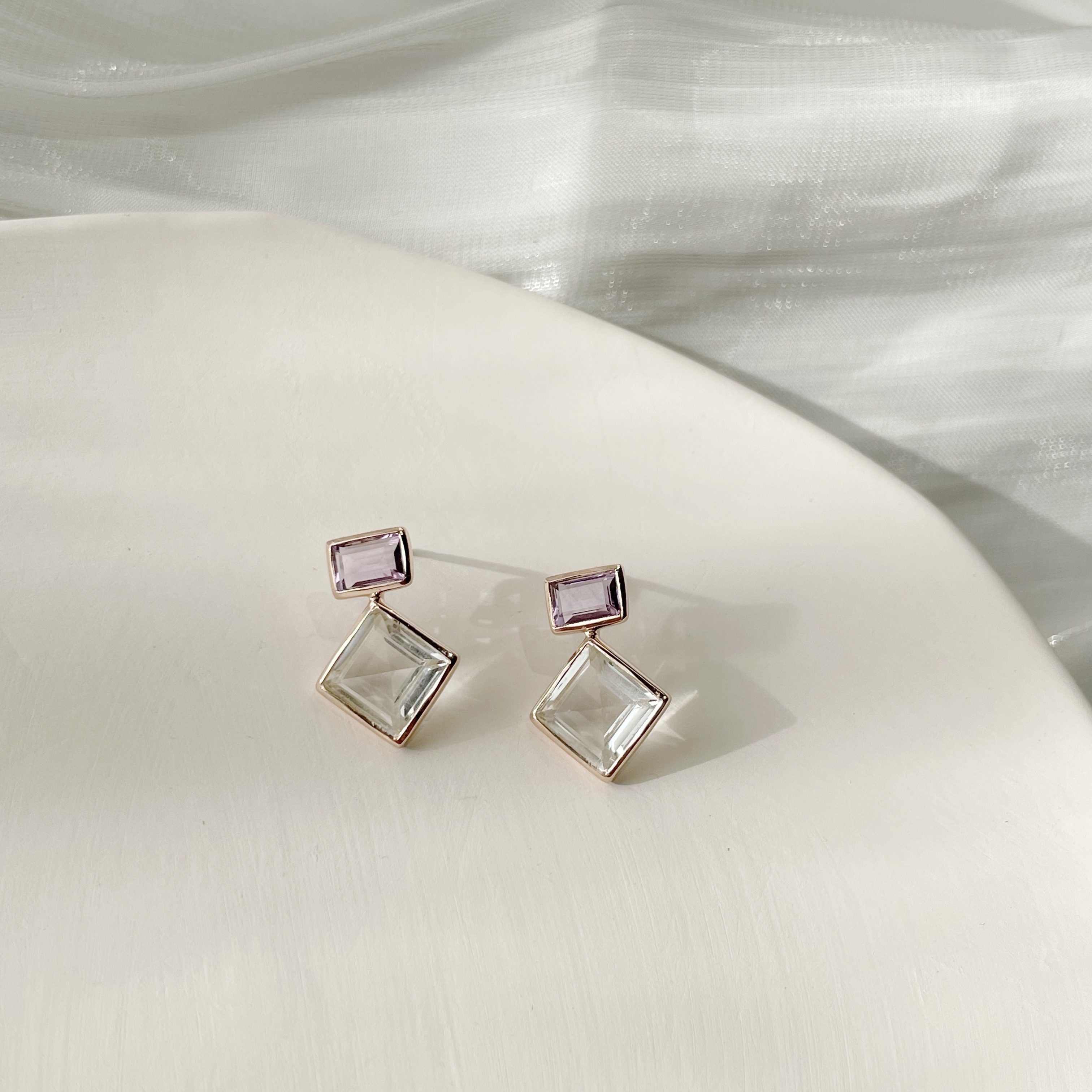 Lego長方大菱形紫白水晶耳環