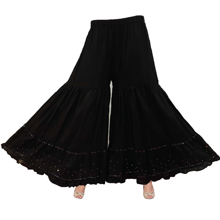 Women Gharara Palazzo Pants Black Embroidered Sequins Wide Flare P9