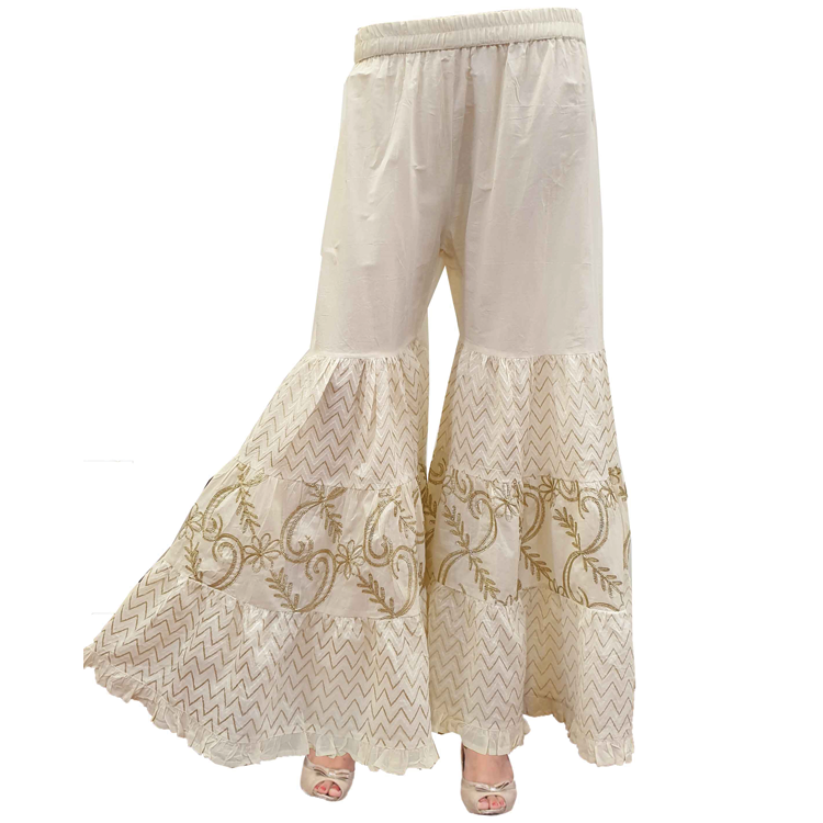 Women White Cotton Gharara Palazzo Pants Embroidered Wide Flare P10