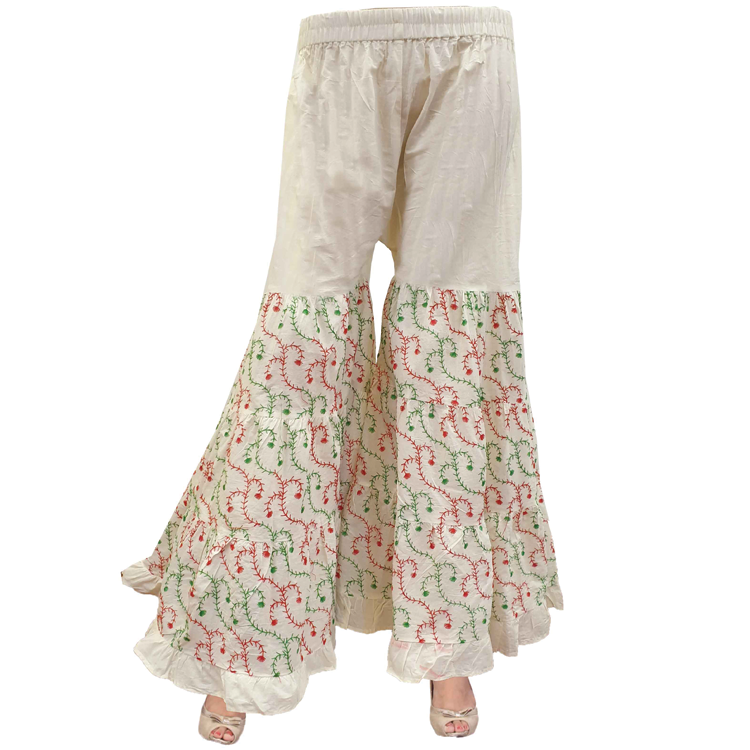 Women White Cotton Gharara Palazzo Pants Embroidered Wide Flare P11