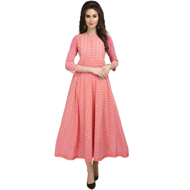 Women Multicolour Chikan Embroidered Gown Dress Wide Flair LJE1319