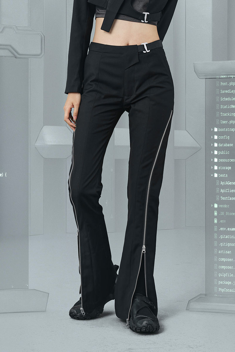 隱蔽者黑色雙拉鍊開叉喇叭褲