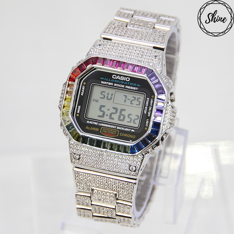 銀色 改裝手錶 DW-5600E-1 (閃石錶帶) - 彩虹