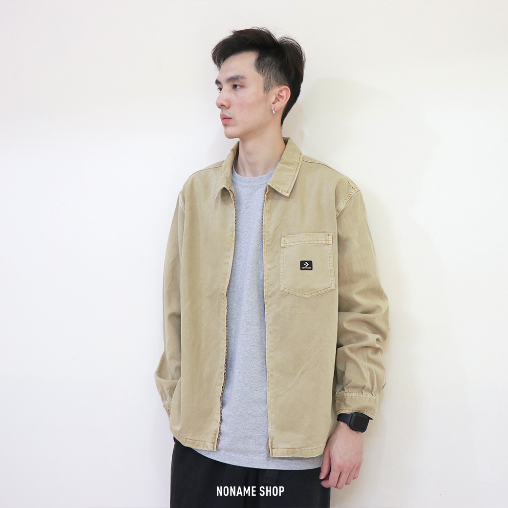 CONVERSE Woven Zipper 經典黑標 Logo 單口袋 拉鍊 水洗 襯衫 卡其