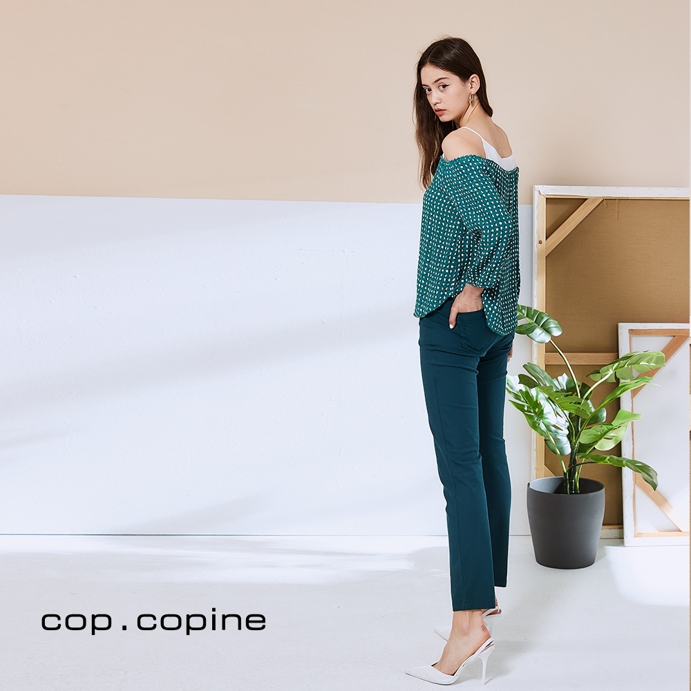 Cop.Copine 法國原裝進口假兩件波點印花造型上衣-潮水藍綠