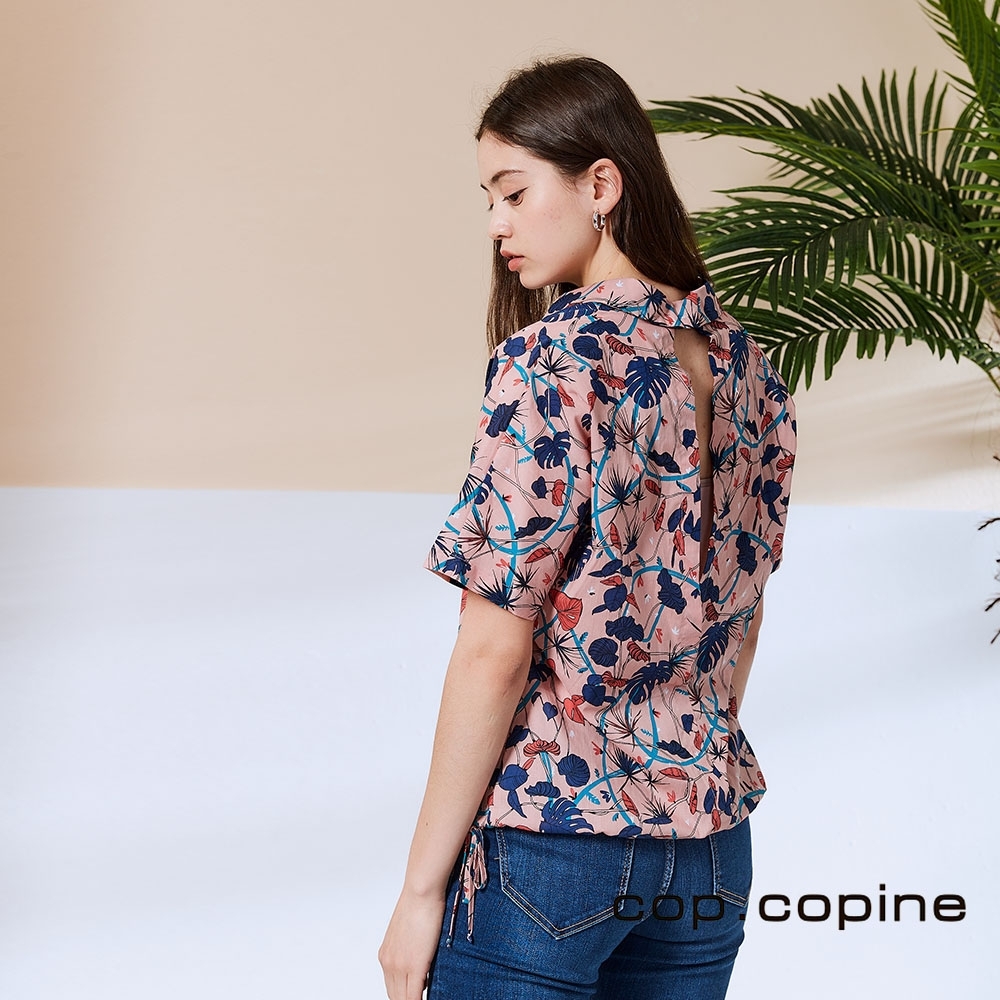 Cop.Copine 法國原裝進口露肩印花露背襯衫造型上衣-花簇粉