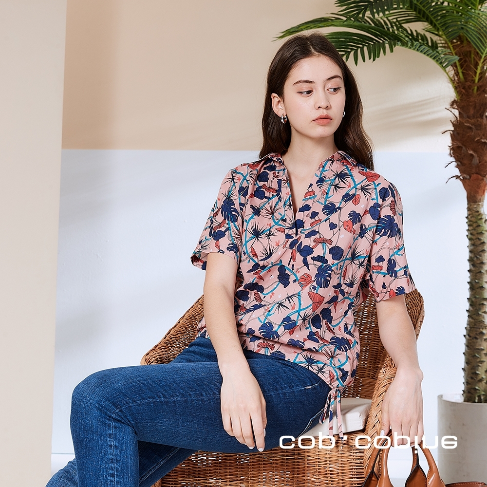 Cop.Copine 法國原裝進口露肩印花露背襯衫造型上衣-花簇粉