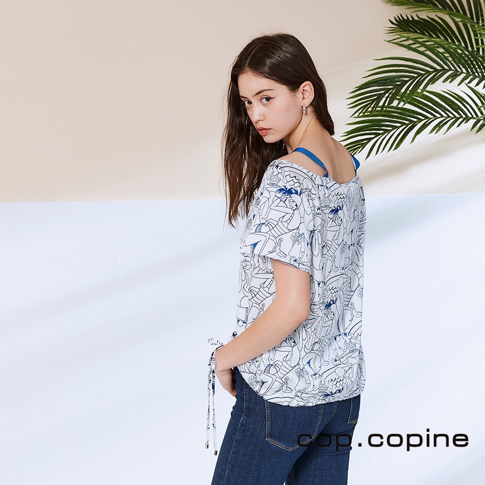 Cop.Copine 法國原裝進口露肩人像印花造型上衣-奶酪白