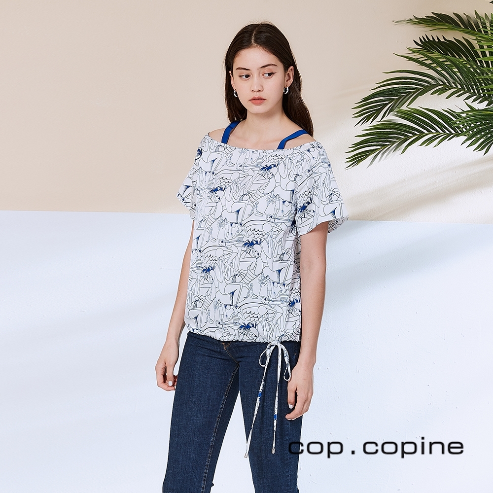 Cop.Copine 法國原裝進口露肩人像印花造型上衣-奶酪白
