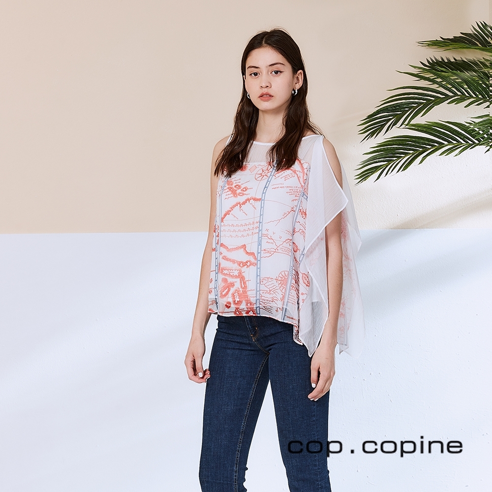 Cop.Copine 法國原裝進口不對稱設計印花造型上衣-珍珠白