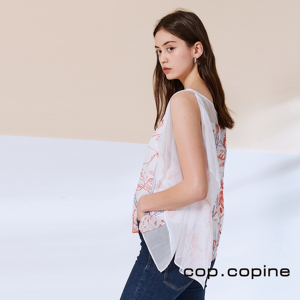 Cop.Copine 法國原裝進口不對稱設計印花造型上衣-珍珠白