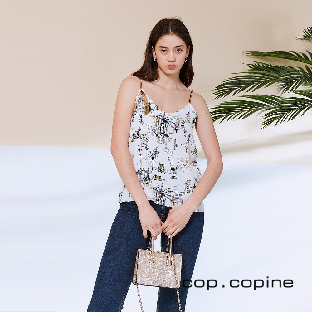 Cop.Copine 法國原裝進口細肩印花造型上衣-椰奶白