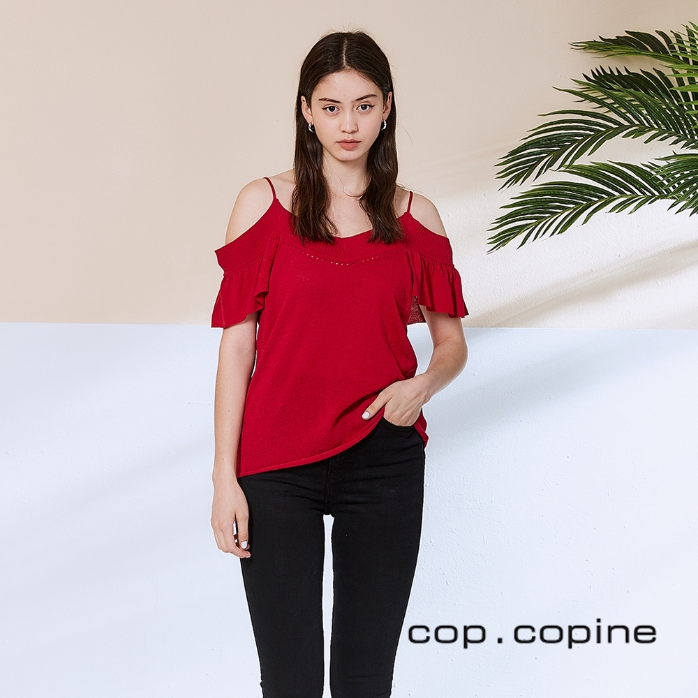 Cop.Copine 法國原裝進口露肩荷葉針織造型上衣-嘉年華紅