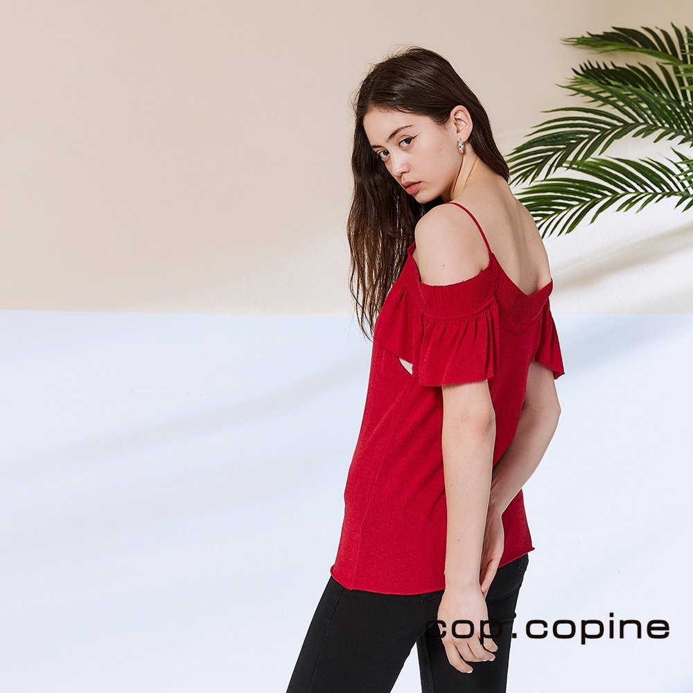 Cop.Copine 法國原裝進口露肩荷葉針織造型上衣-嘉年華紅