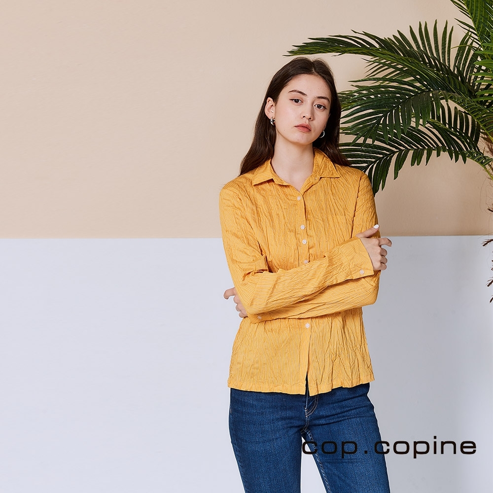 Cop.Copine 法國原裝進口抓皺設計條紋造型襯衫(收納隨行款)-陽光金黃