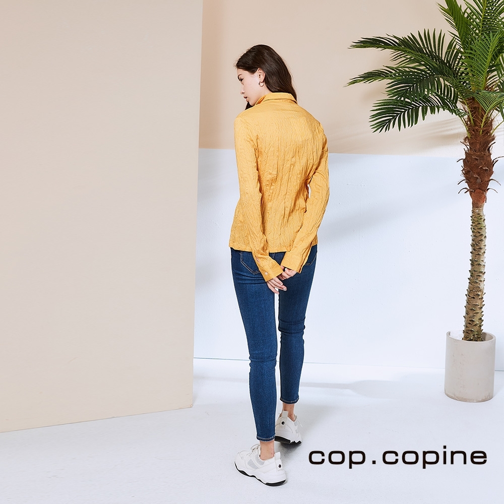 Cop.Copine 法國原裝進口抓皺設計條紋造型襯衫(收納隨行款)-陽光金黃