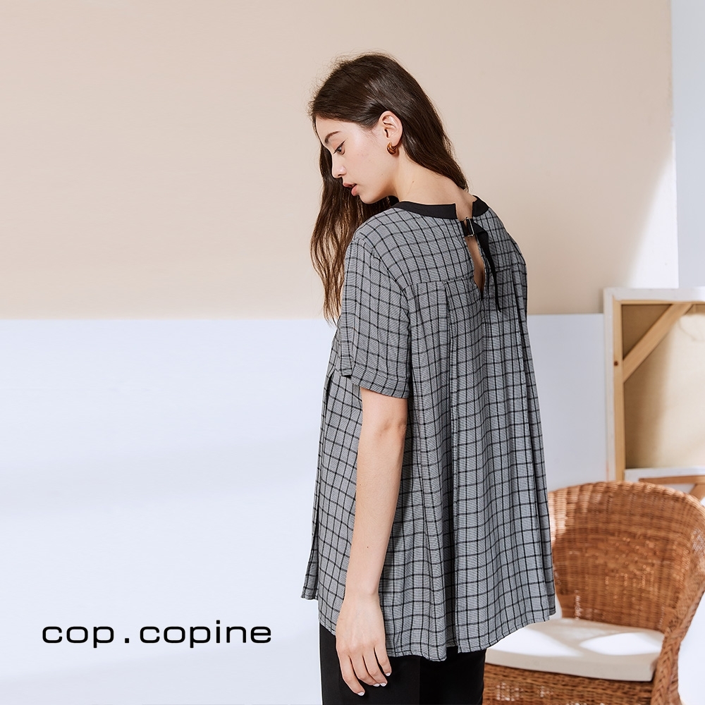 Cop.Copine 法國原裝進口格紋印花拼接造型上衣-高級灰