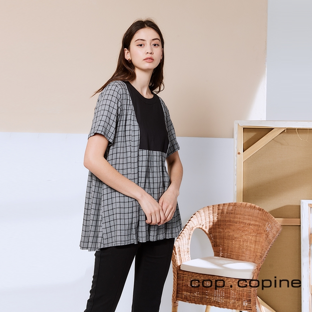 Cop.Copine 法國原裝進口格紋印花拼接造型上衣-高級灰