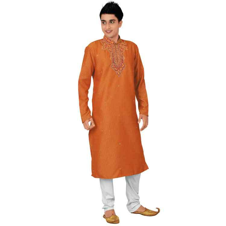 Men Orange Polyester kurta Pajama Sherwani Suit Set D7458