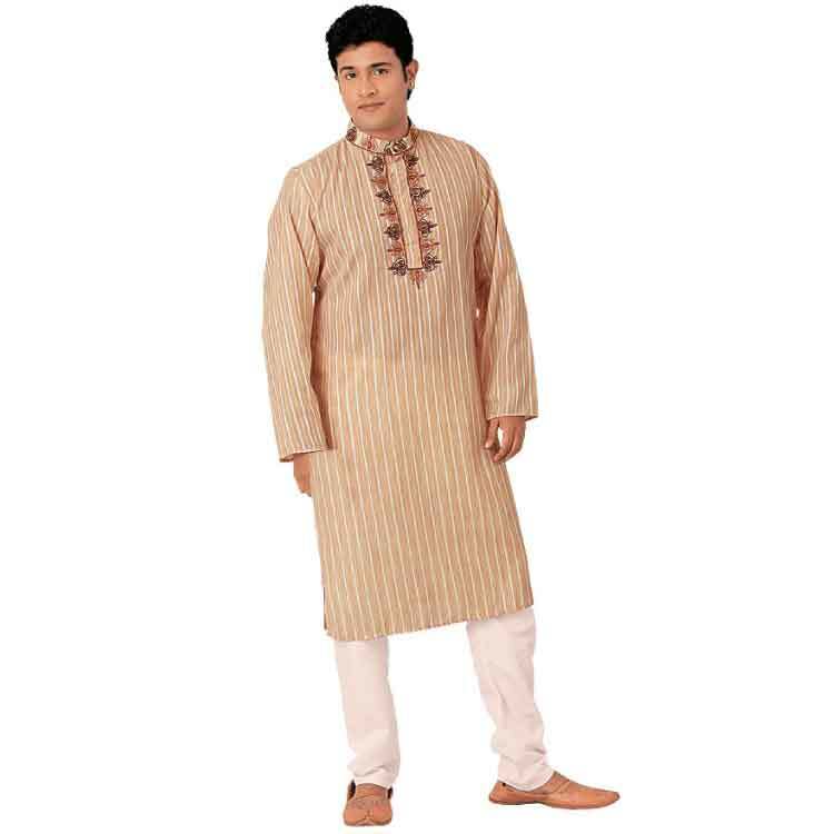 Men Cream Cotton Kurta Pajama Sherwani Suit Set Q7555