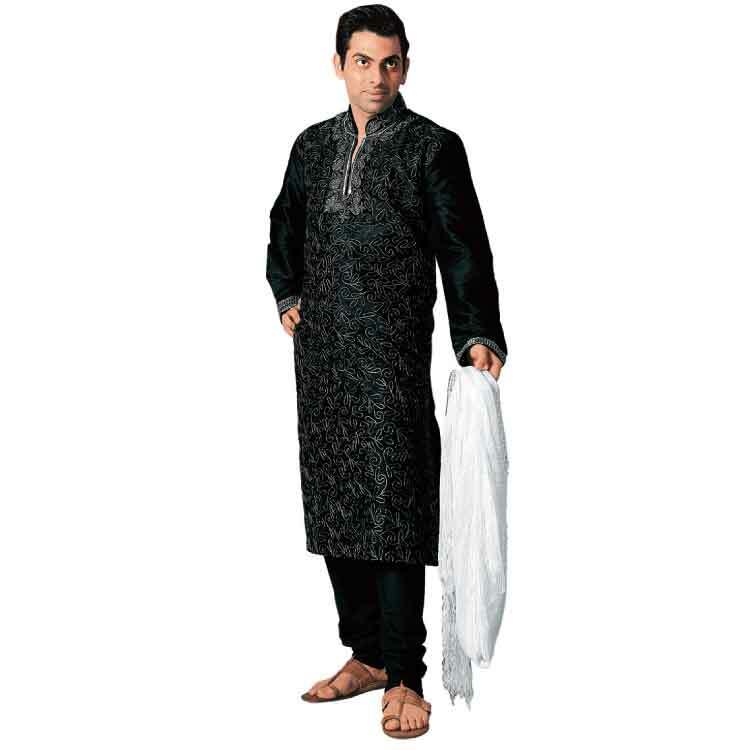 Men Black High Quality Polyester Kurta Pajama Sherwani Suit Set D8117