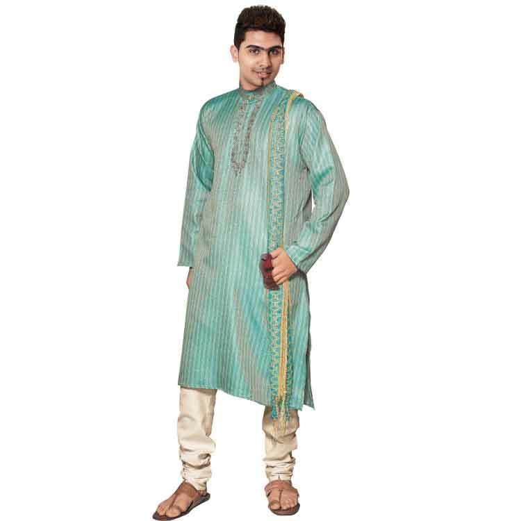 Men Light Green Polyester kurti Pajama Sherwani Suit Set D8278