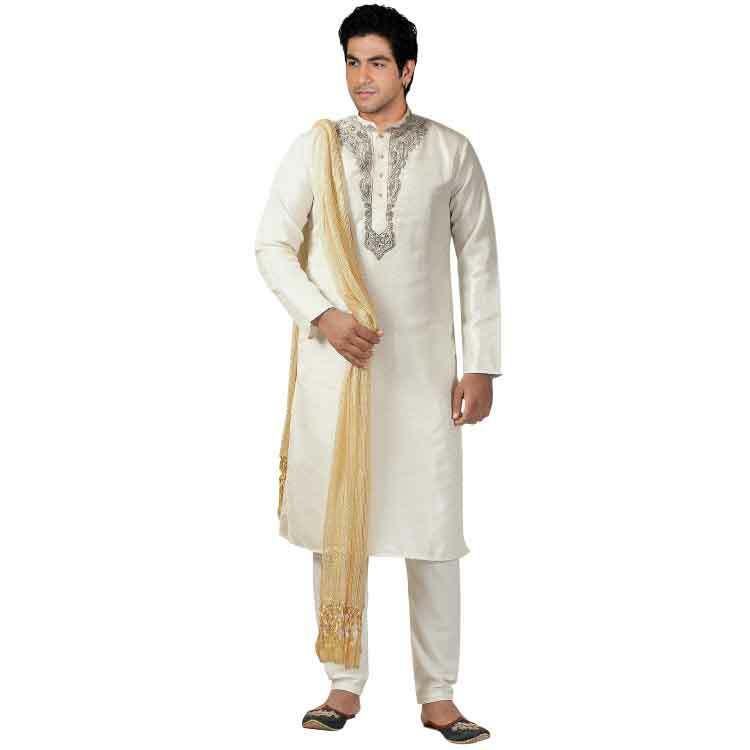 Men Off White Polyester Kurta Pajama Sherwani Suit Set D8492A