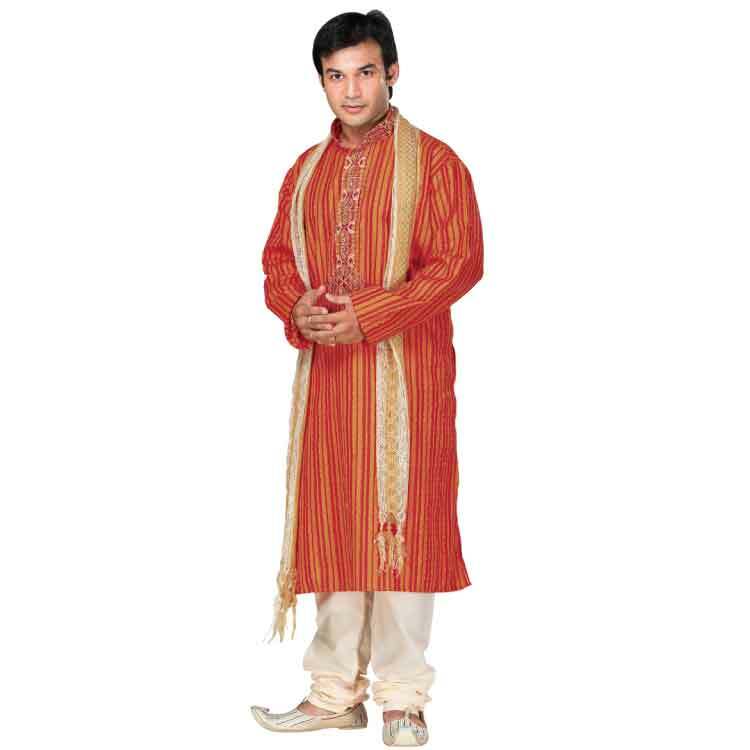 Men Orange Polyester Kurta pajama Suit Set D9008
