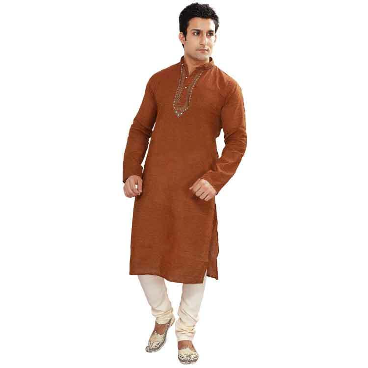 Men Brown cotton kurta Pajama Suit set Q0098
