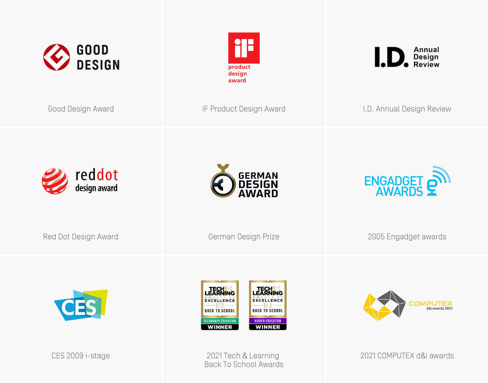 Good Design Award、iF Product Design Award、I.D. Annual Design Review、Red Dot Design Award、German Design Prize、2005 Engadget awards、CES 2009 i-stage、2021 Tech & Learning Back To School Awards、2021 COMPUTEX d&i awards