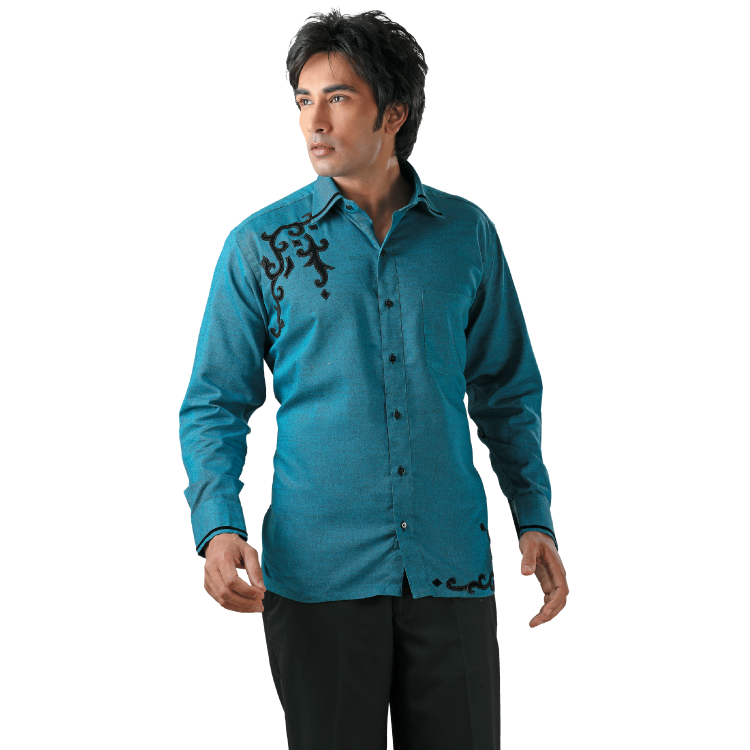Men Blue Long Sleeves Embroidered Kurta Top Shirt D9531