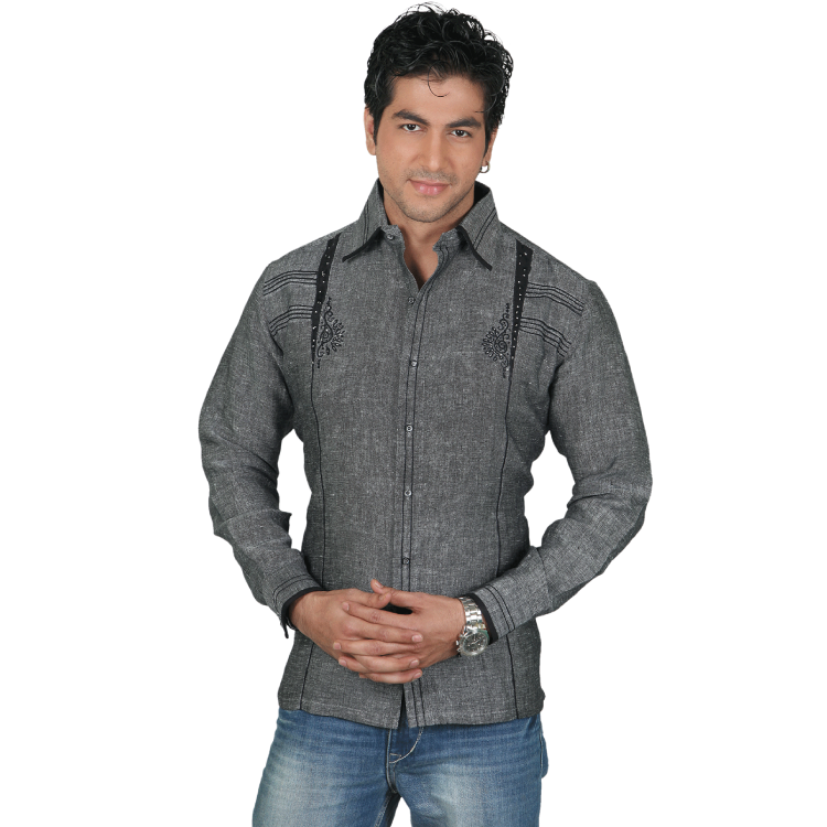 Men Black Silk Long Sleeves Kurta Top Shirt D9405