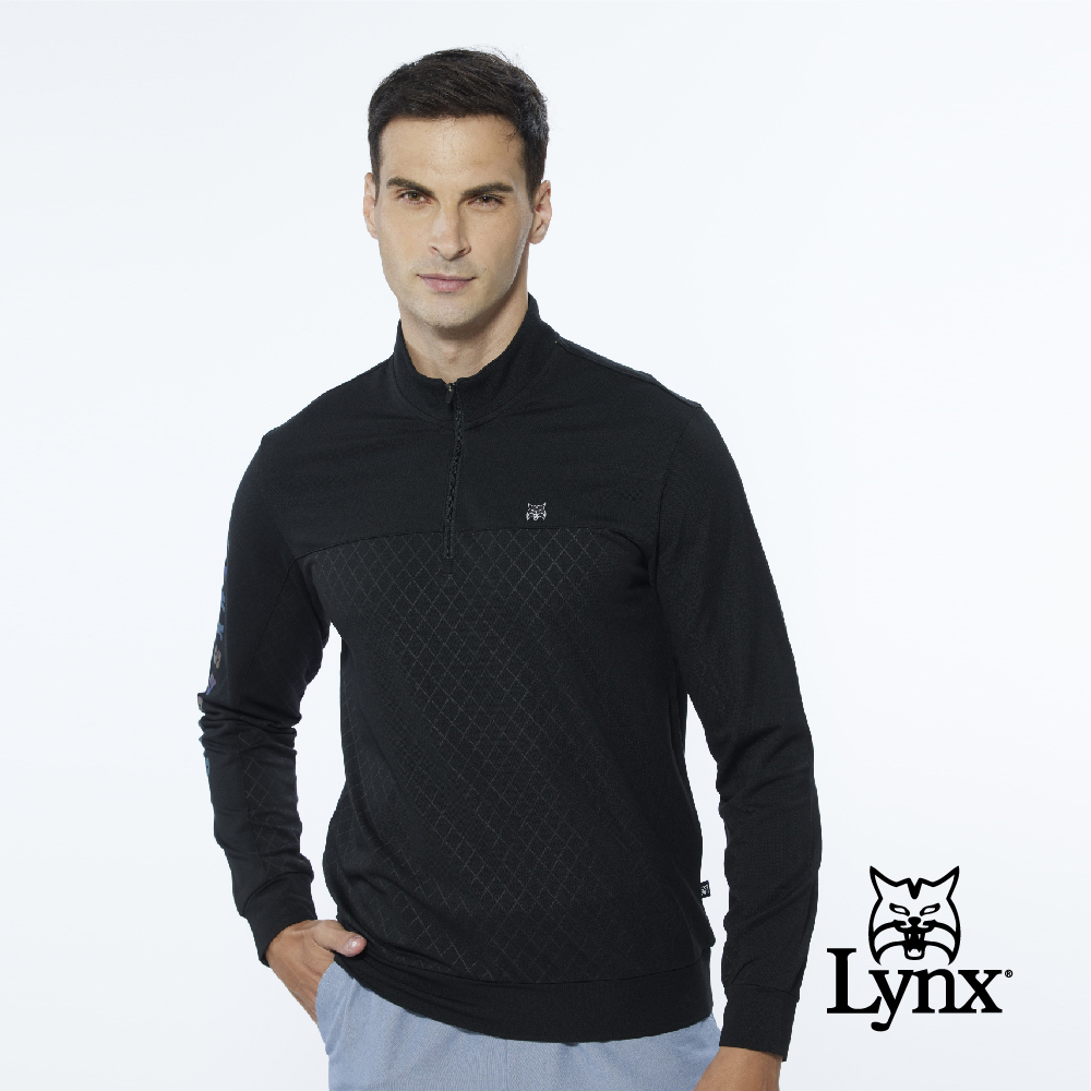 【Lynx Golf】男款網眼材質內刷毛菱格壓紋樣右臂Lynx字樣造型長袖立領POLO衫