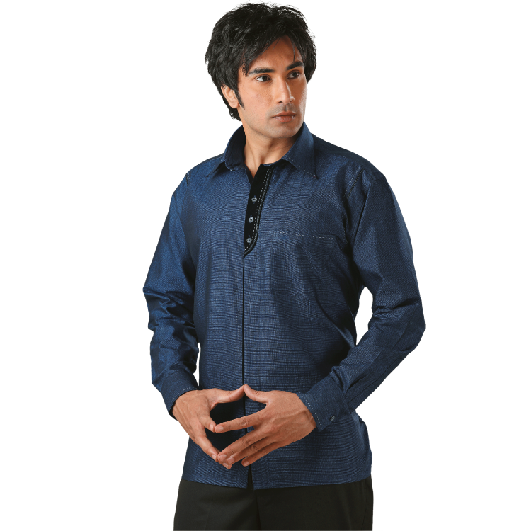 Men Navy Blue Linen Long Sleeves Kurta Top Shirt  D9408
