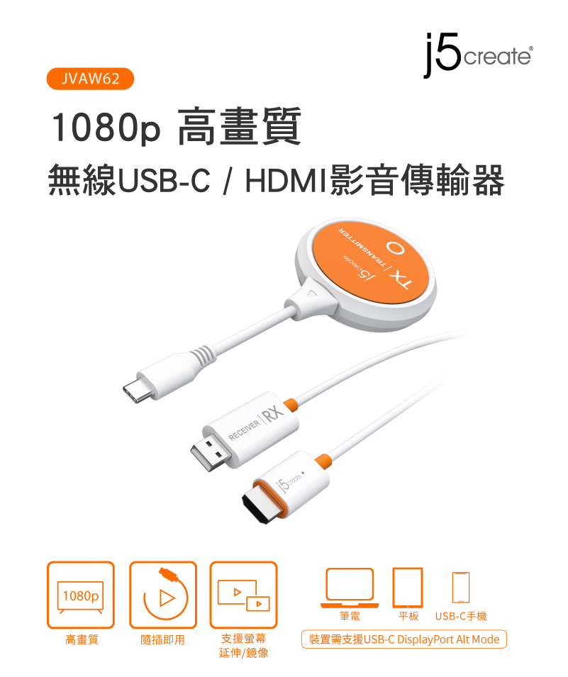 j5create 1080p 高畫質無線 USBC / HDMI影音傳輸器 JVAW62