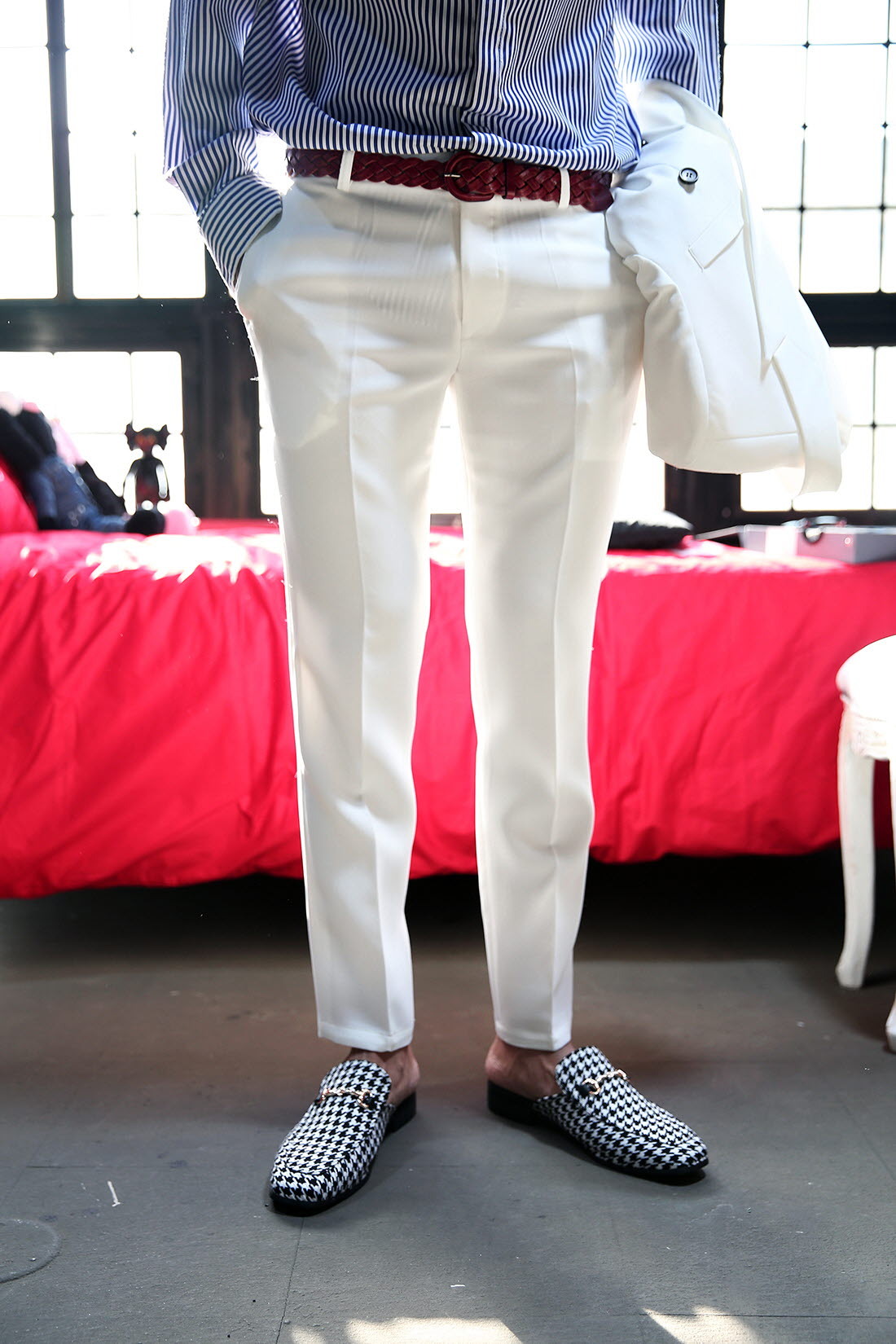 彩色雙排扣正裝修身九分西裝褲