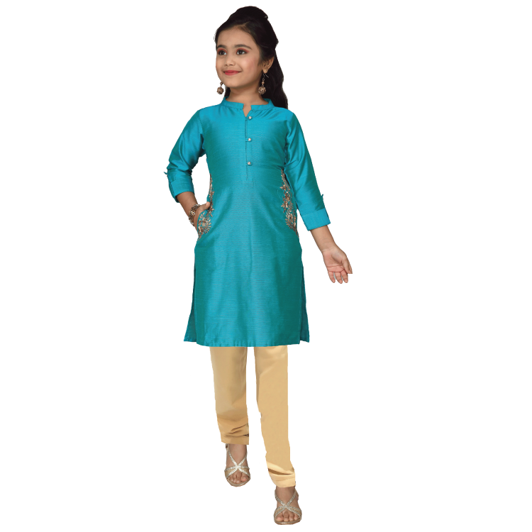 Girl Light Blue Cotton Silk Pocket Embroidered Kurti Top Set With Pant Q1188