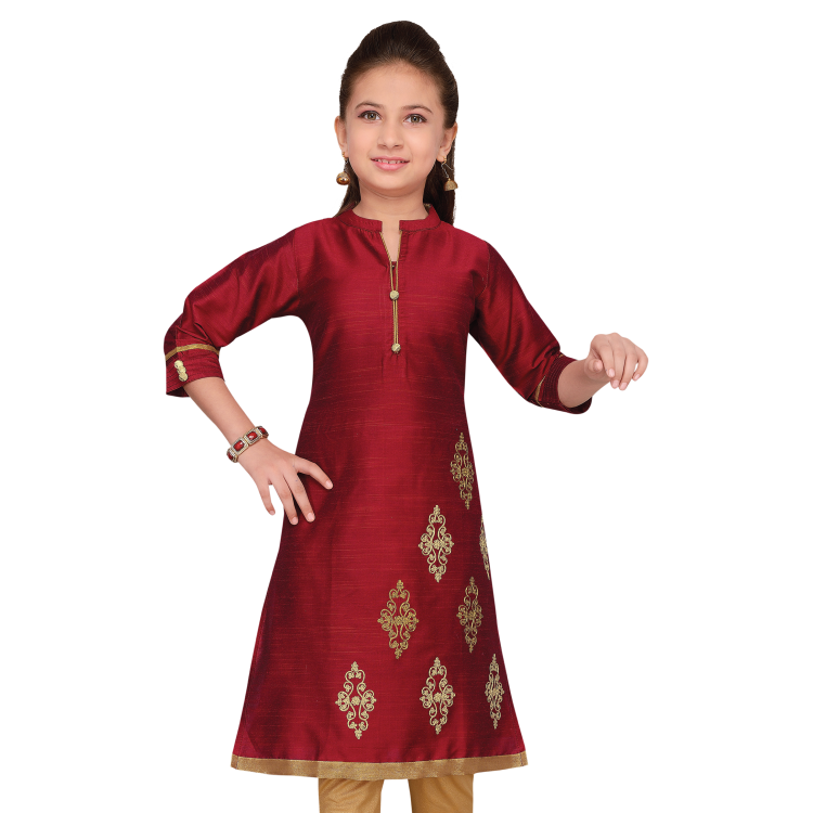 Girl Maroon Cotton Silk Gold Print Kurti Top Q0831
