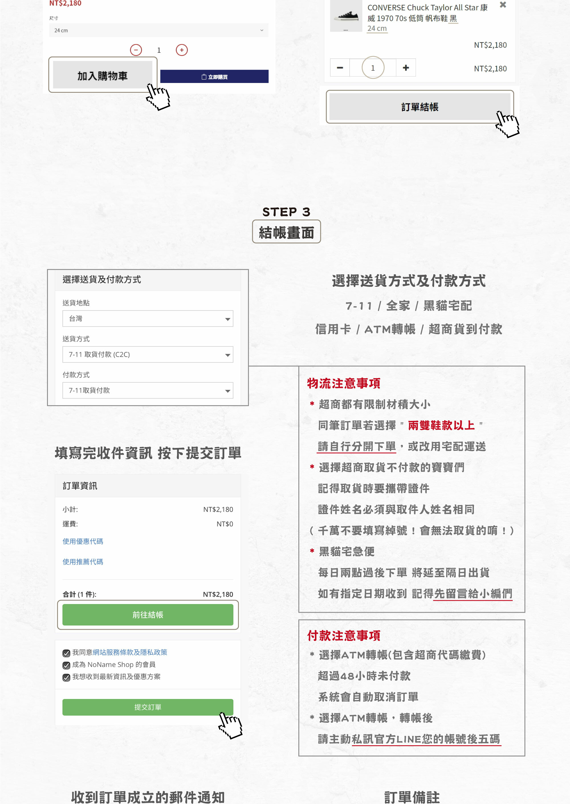 無名商店購物流程第二頁：第三部-結帳畫面的顯示及介紹選擇送貨方式、付款方式及物流、付款注意事項