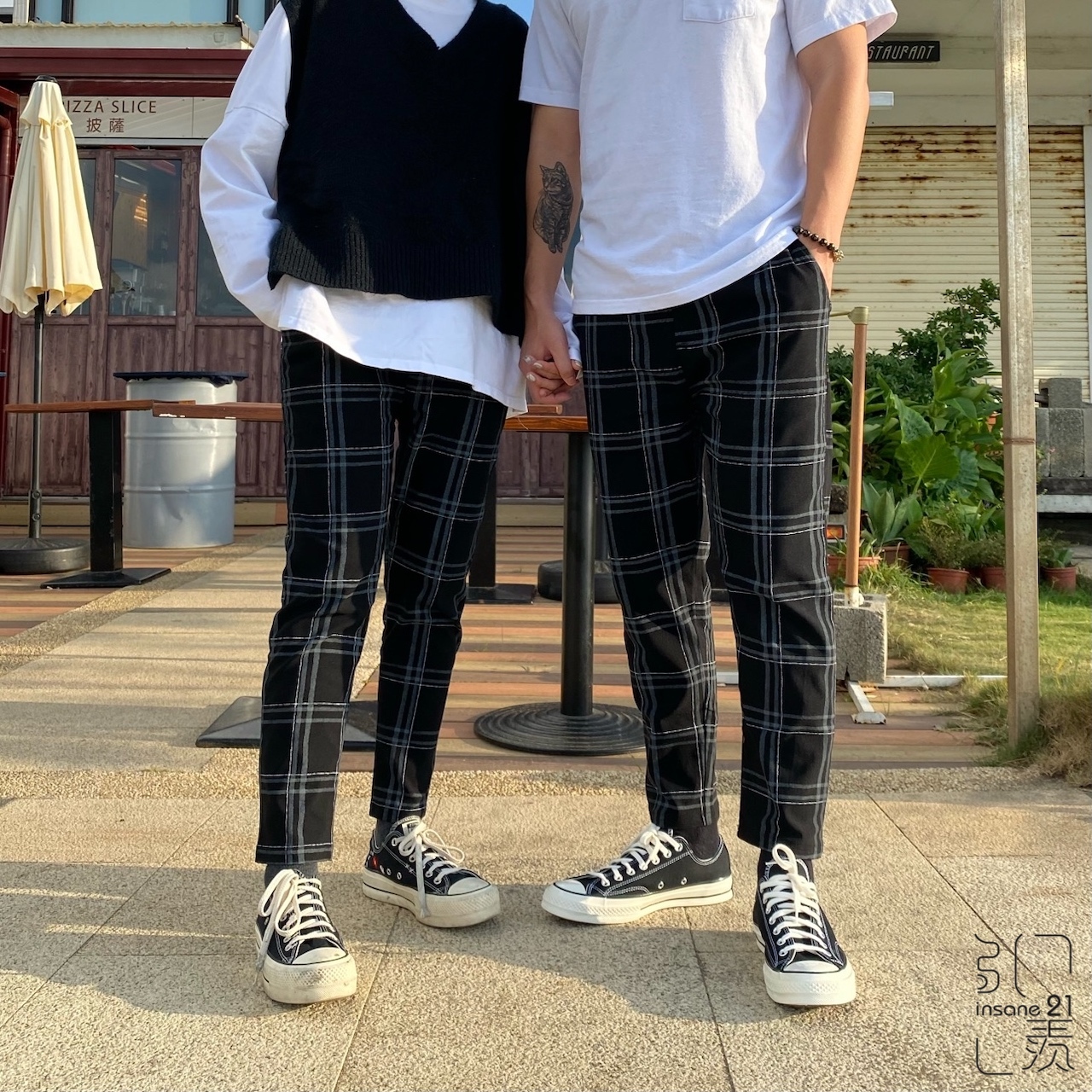 超彈力 英倫風 大格紋 格子 長褲