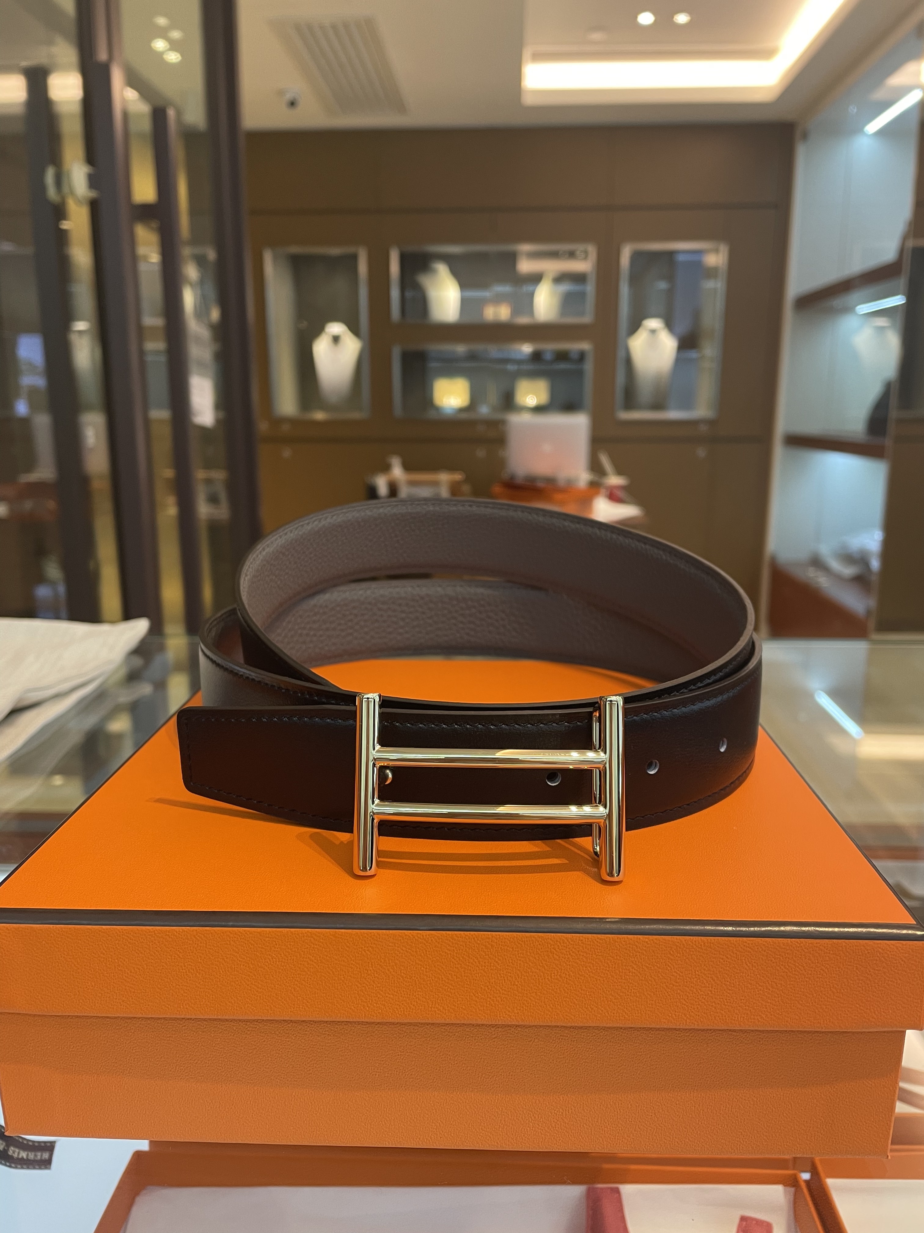 Rider belt gold buckle 89 noir / 8F etain leather strap 32mm 90cm