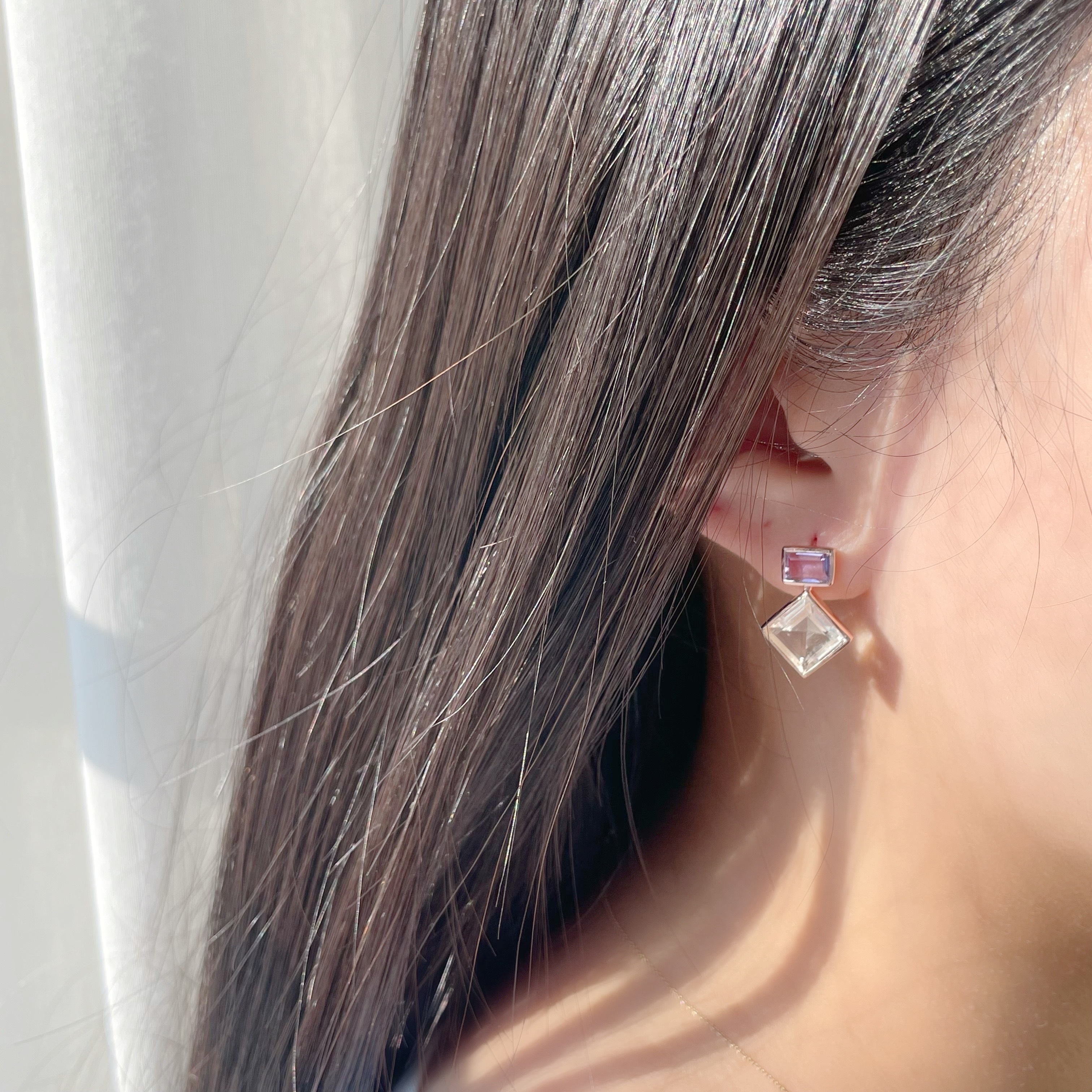 Lego長方大菱形紫白水晶耳環