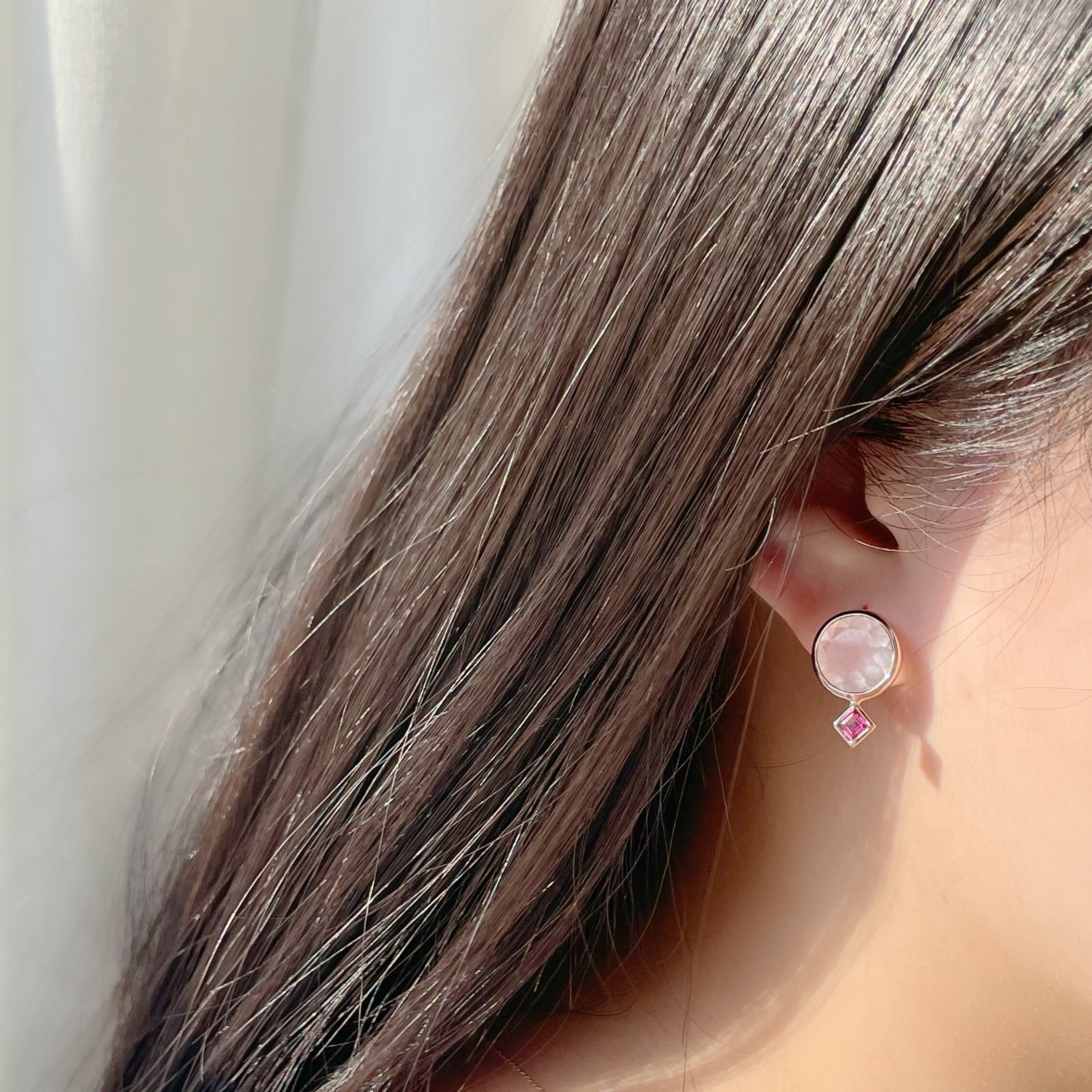 Lego大圓鑽面粉晶玫瑰石榴耳環