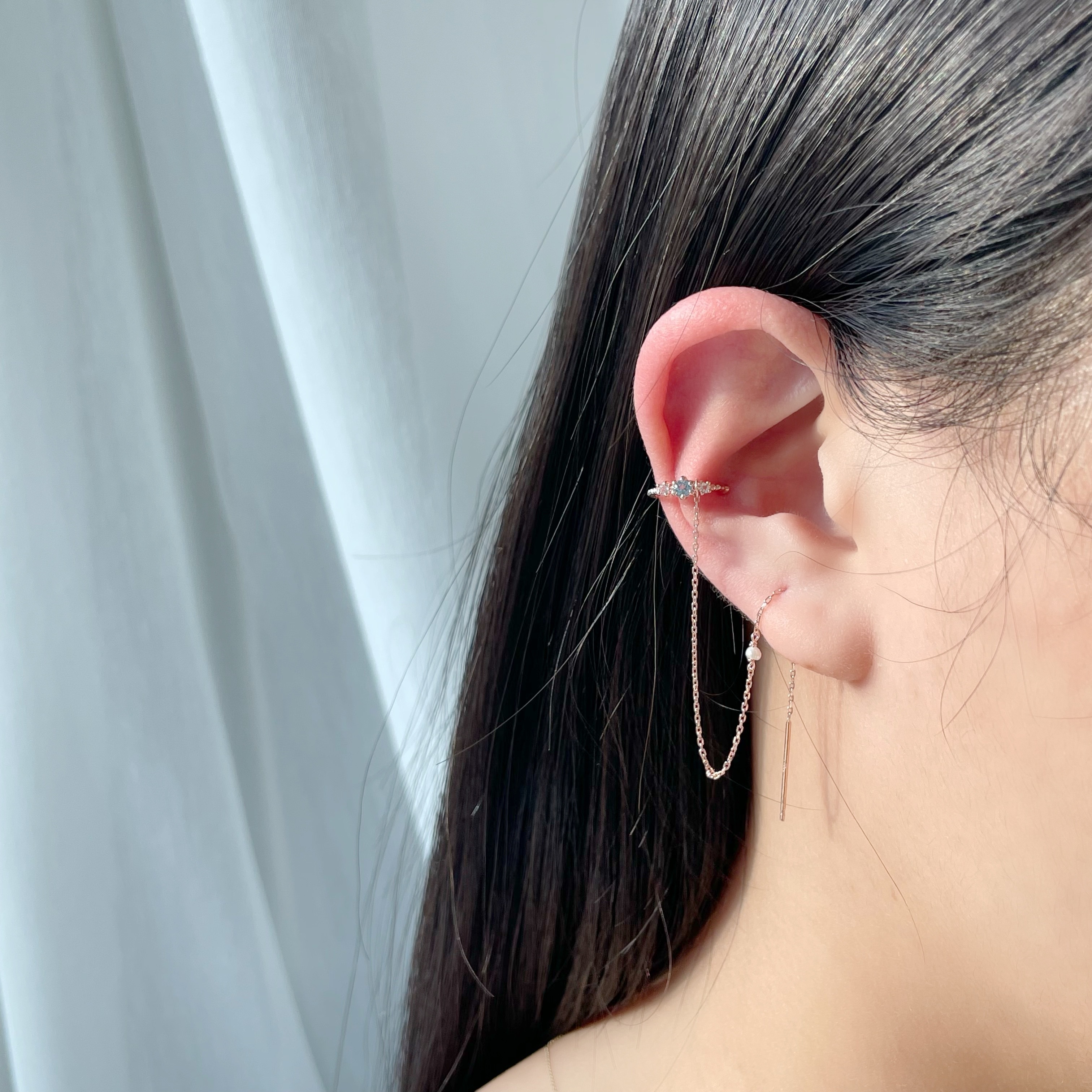 流星mini六爪托帕珍珠針鏈耳骨夾