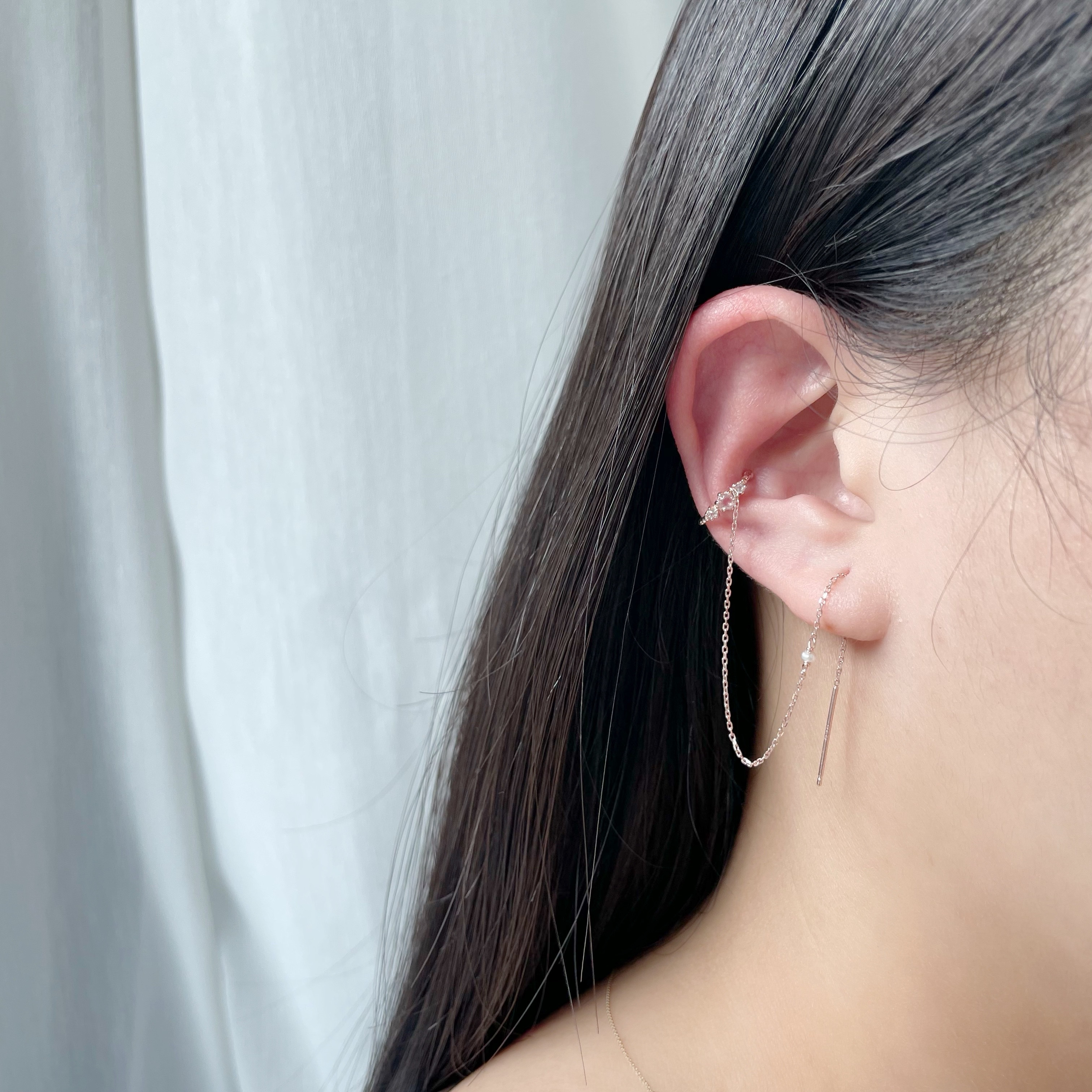 流星mini六爪粉晶珍珠針鏈耳骨夾