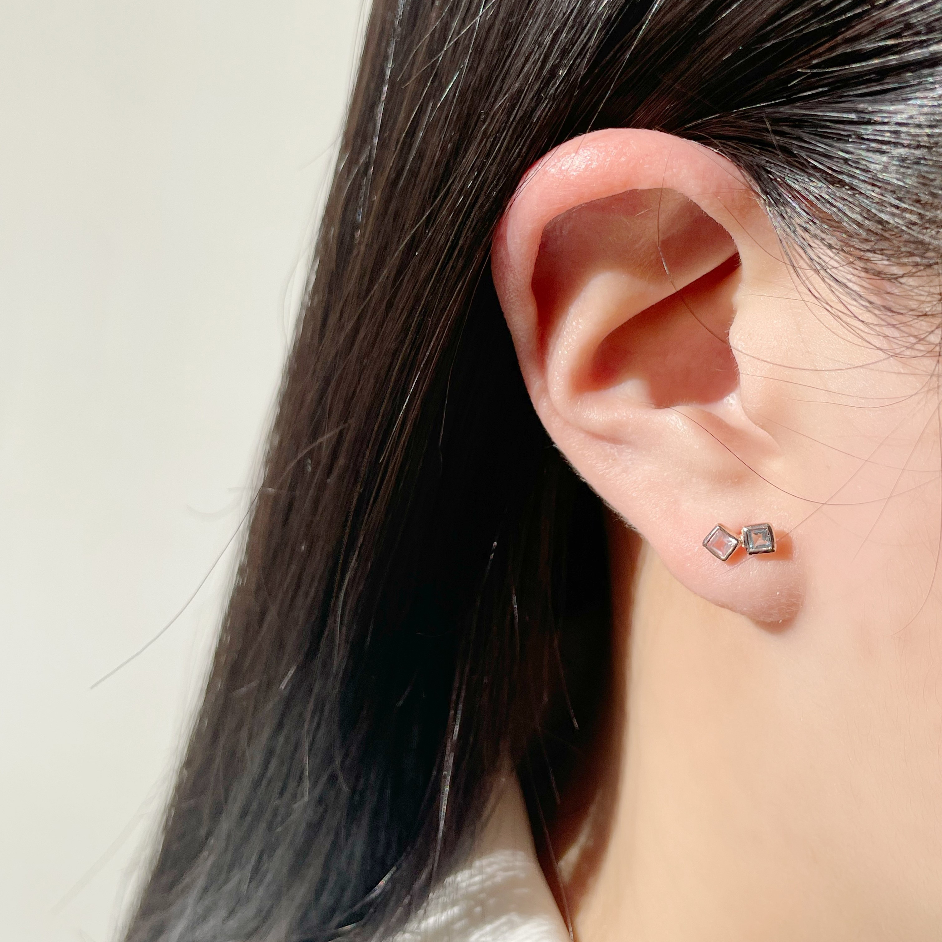 Lego mini方菱粉晶托帕石轉珠耳環