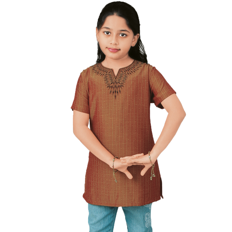 Girl Brown Embroidered On Neckline Kurti Top D8247